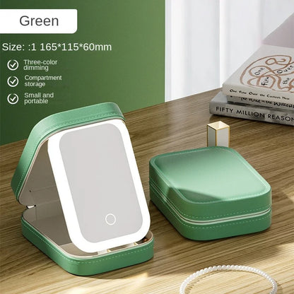 Beautiful Rechargeable Cosmetic Case with 3 color LED lit mirror.  Great travel buddy.  Helps to stay organized.