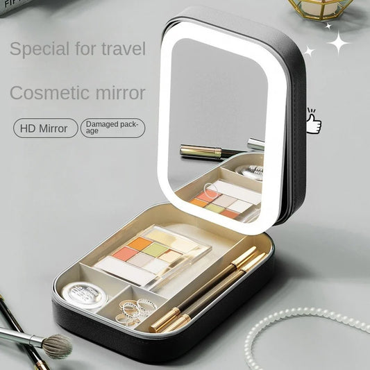 Beautiful Rechargeable Cosmetic Case with 3 color LED lit mirror.  Great travel buddy.  Helps to stay organized.