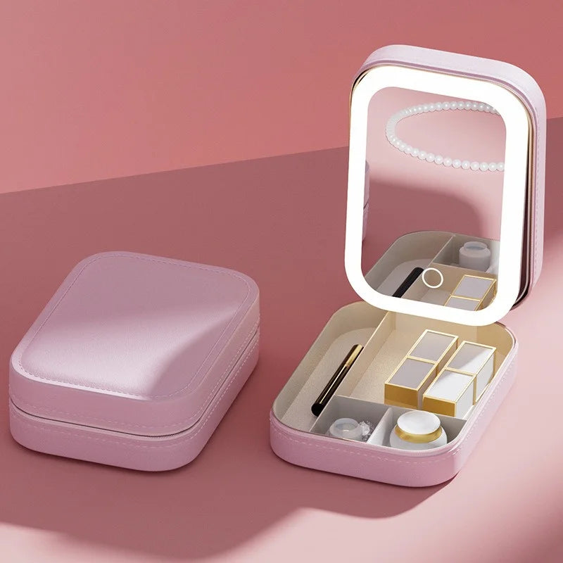 Beautiful Rechargeable Cosmetic Case with 3 color LED lit mirror.  Great travel buddy.  Helps to stay organized.