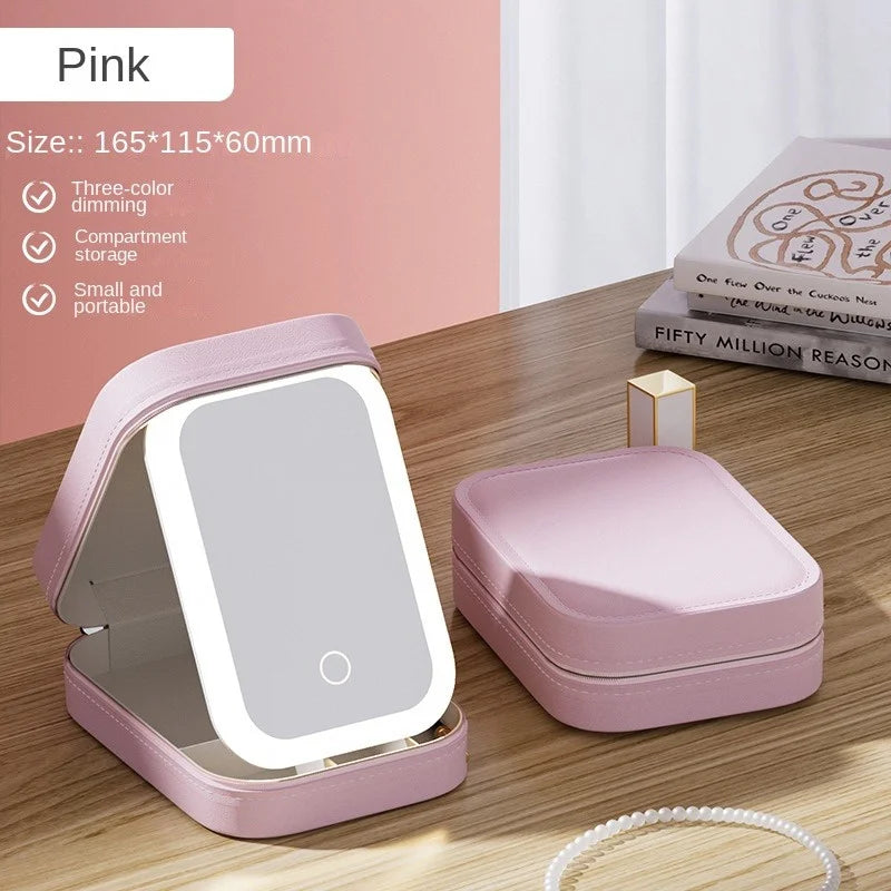 Beautiful Rechargeable Cosmetic Case with 3 color LED lit mirror.  Great travel buddy.  Helps to stay organized.