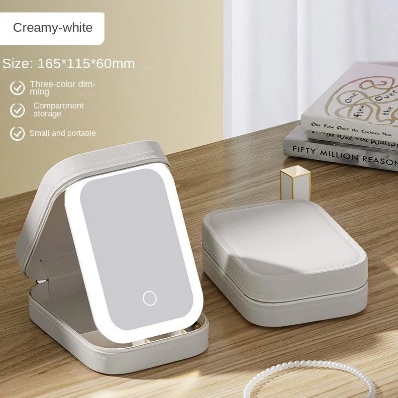 Beautiful Rechargeable Cosmetic Case with 3 color LED lit mirror.  Great travel buddy.  Helps to stay organized.