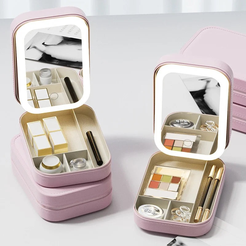 Beautiful Rechargeable Cosmetic Case with 3 color LED lit mirror.  Great travel buddy.  Helps to stay organized.