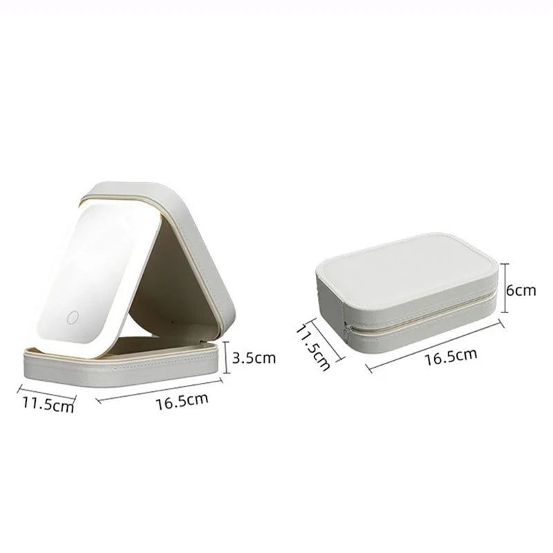 Beautiful Rechargeable Cosmetic Case with 3 color LED lit mirror.  Great travel buddy.  Helps to stay organized.
